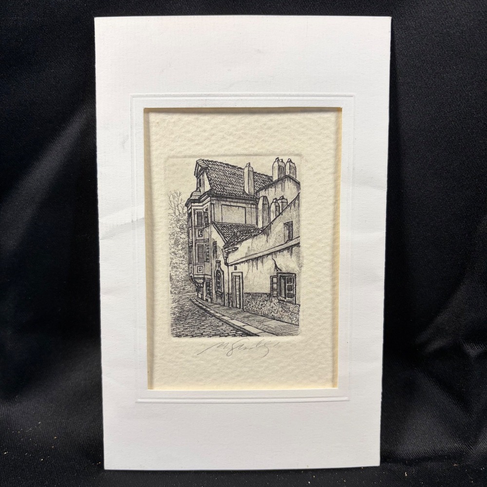Signed Original Etching European Street Scene Architecture Art Deckle Paper